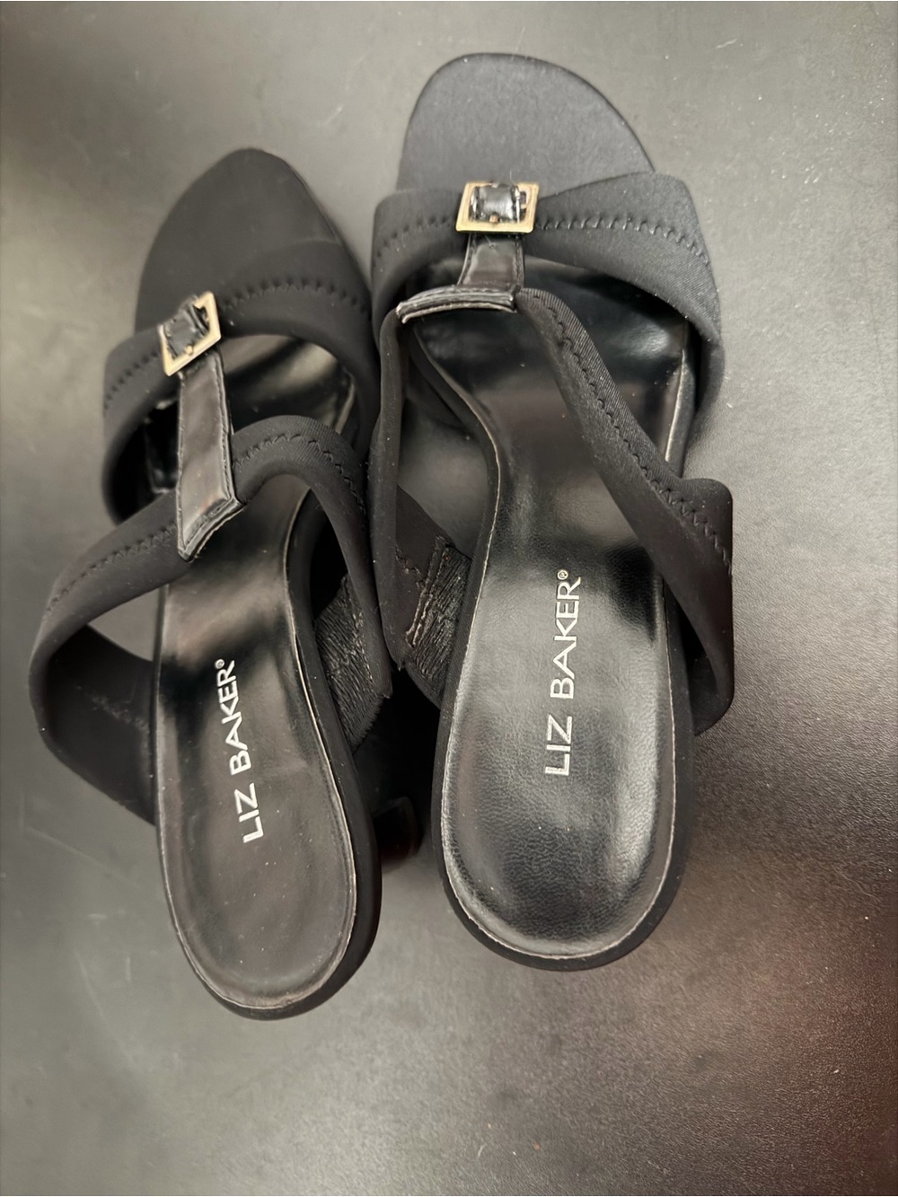Liz Baker Black Buckle Strap Slide Mules